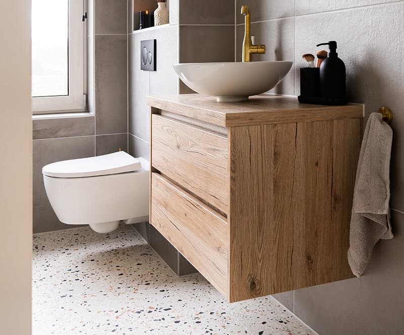 Terrazzo tegel in de badkamer